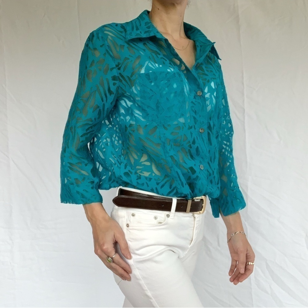 White Stag blouse size L turquoise blue 3/4 sleeves patterned vintage